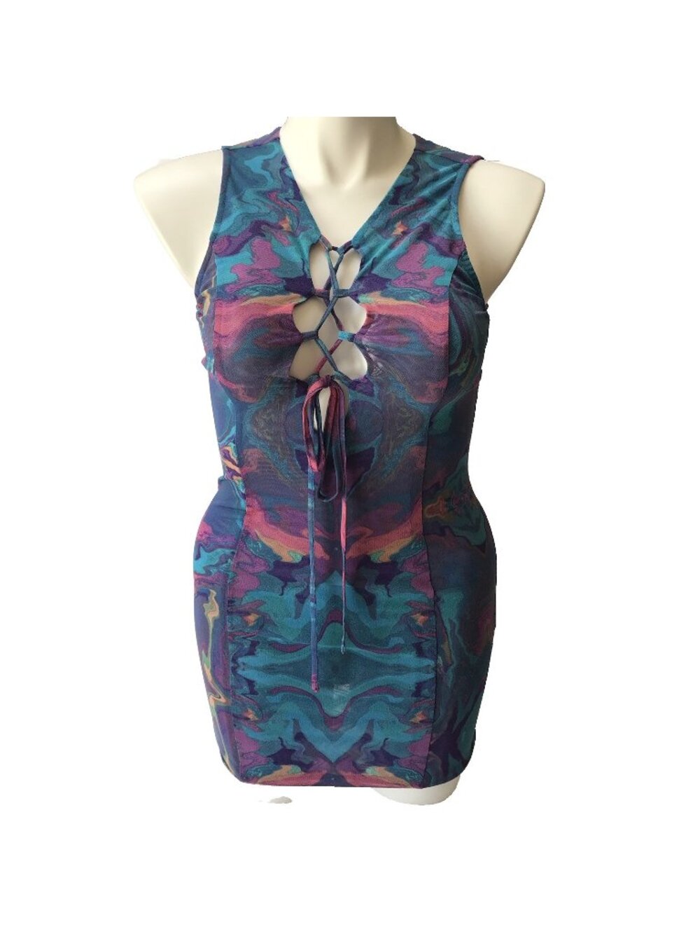 Forever 21 Dress Small Mini Bodycon Laced Psychedelic Rave Disco Go Go Mod Y2K